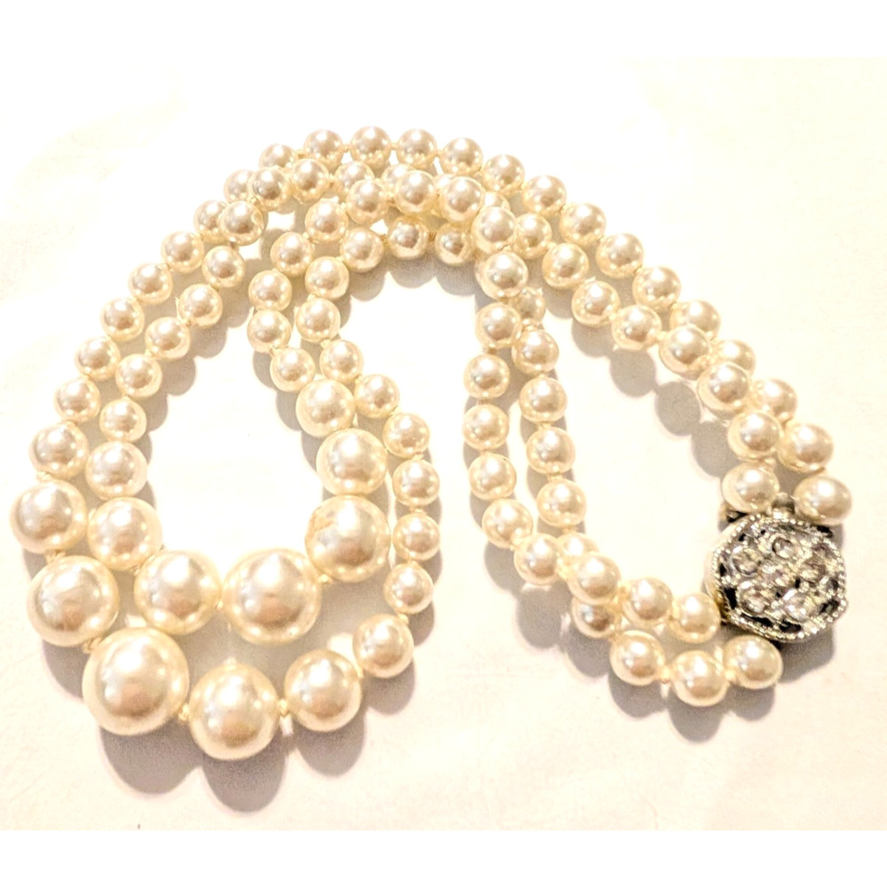 Shiny Faux Pearl Necklace, 17" Double Strand, Rhinestone Clasp Knotted wh03-5โ